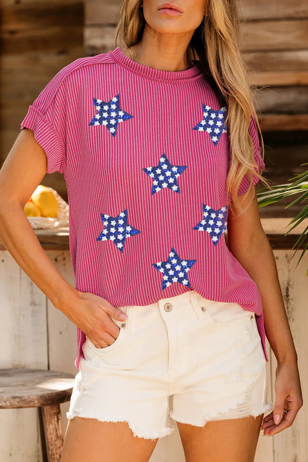 Rose Red Sequin Star Graphic Corded Side Split Patriotic T Shirt Graphic Tees JT's Designer Fashion