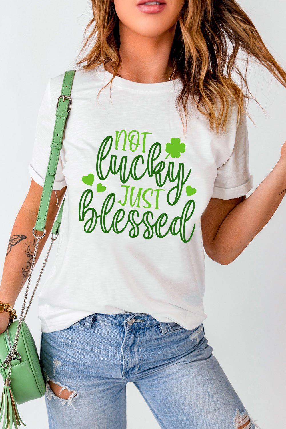 White St Patricks Not Luck Just Blessed Graphic T-shirt Graphic Tees JT's Designer Fashion