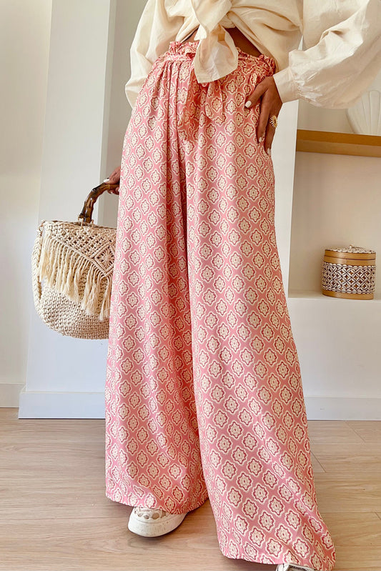 Pink Geometric Print Lace-up High Waist Wide Leg Pants Bottoms JT's Designer Fashion