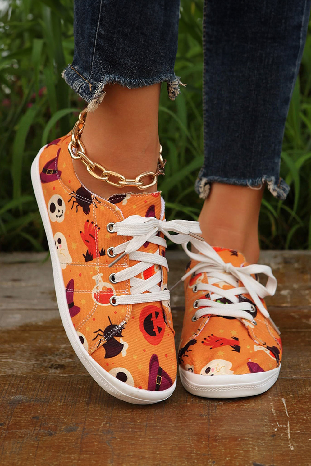 Orange Halloween Pumpkin Ghost Print Lace-up Flat Shoes Women's Shoes JT's Designer Fashion