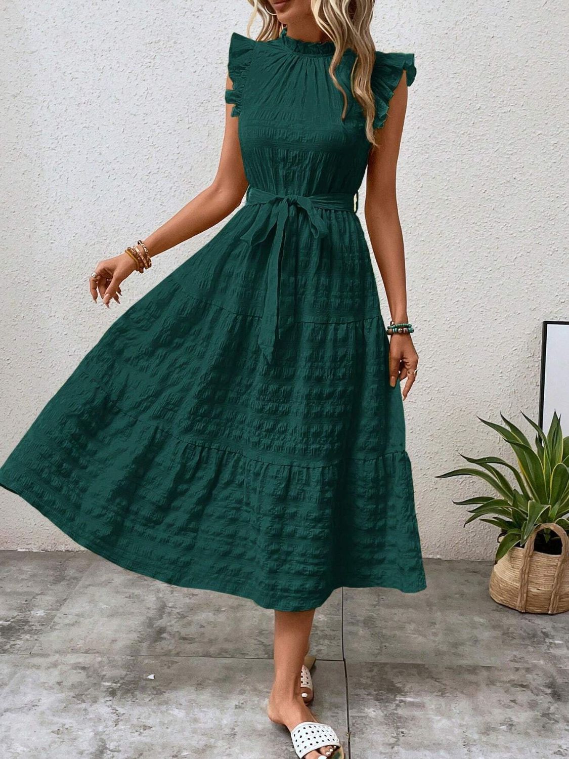 Tied Ruffled Cap Sleeve Midi Dress Midi Dresses JT's Designer Fashion