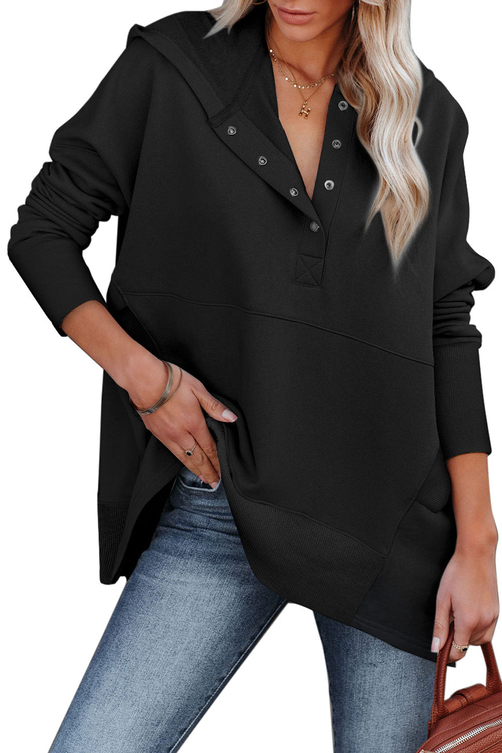 Black Batwing Sleeve Pocketed Henley Hoodie Sweatshirts & Hoodies JT's Designer Fashion