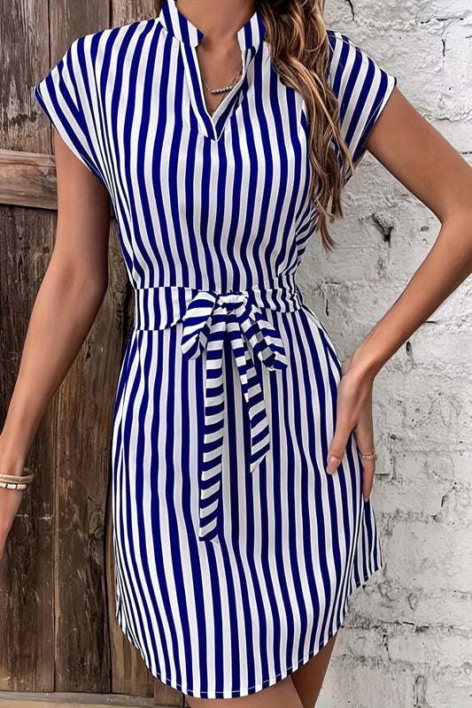 Tied Striped Cap Sleeve Mini Dress Royal Blue Mini Dresses JT's Designer Fashion