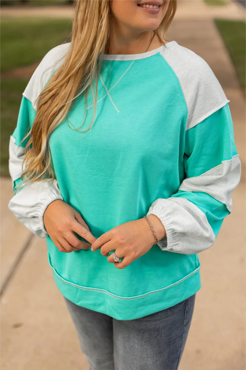 Plus Size Exposed Seam Color Block Long Sleeve Sweatshirt Turquoise Long Sleeve Tops JT's Designer Fashion