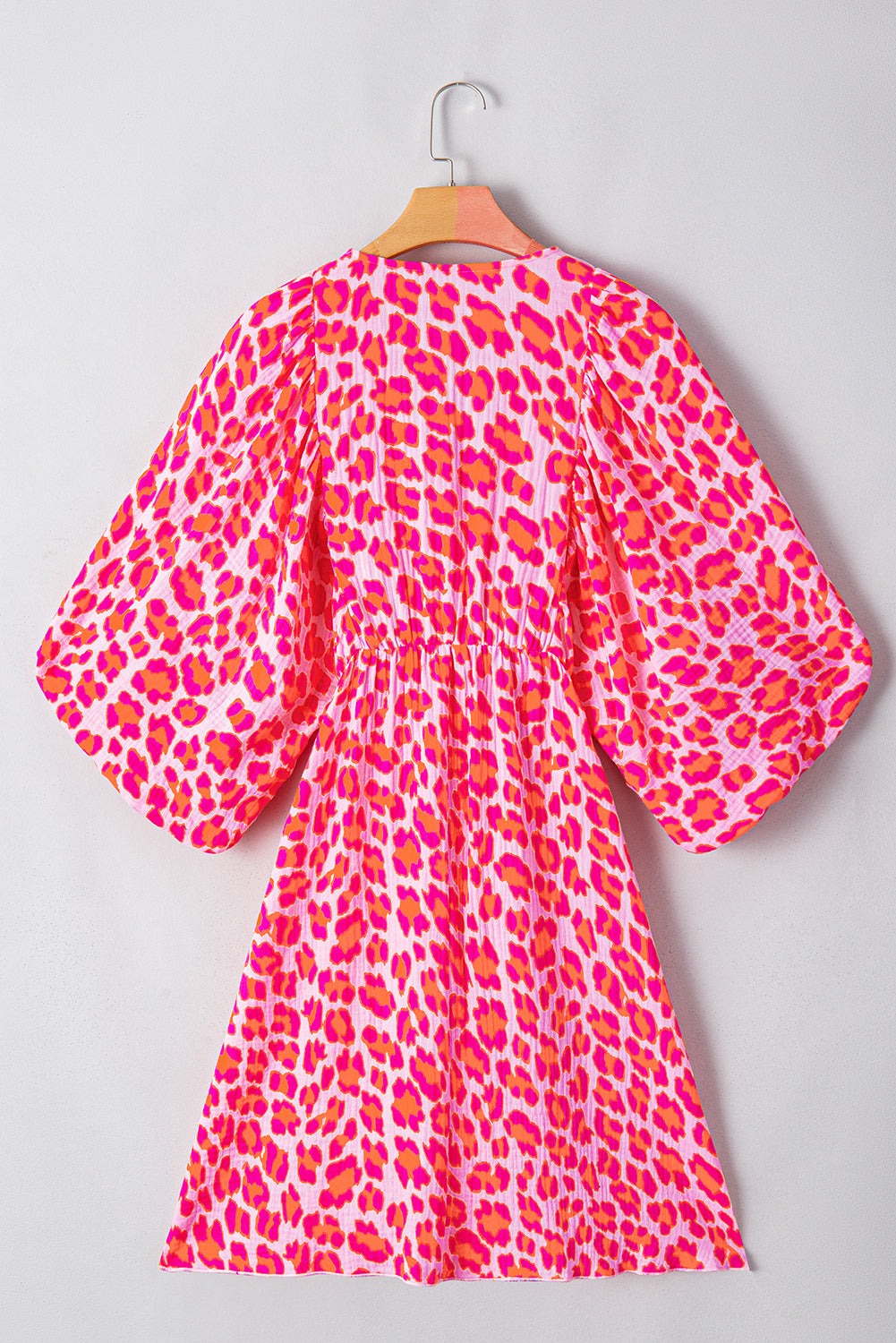 Pink Leopard Print Elasticated V Neck 3/4 Puff Sleeve Dress Mini Dresses JT's Designer Fashion