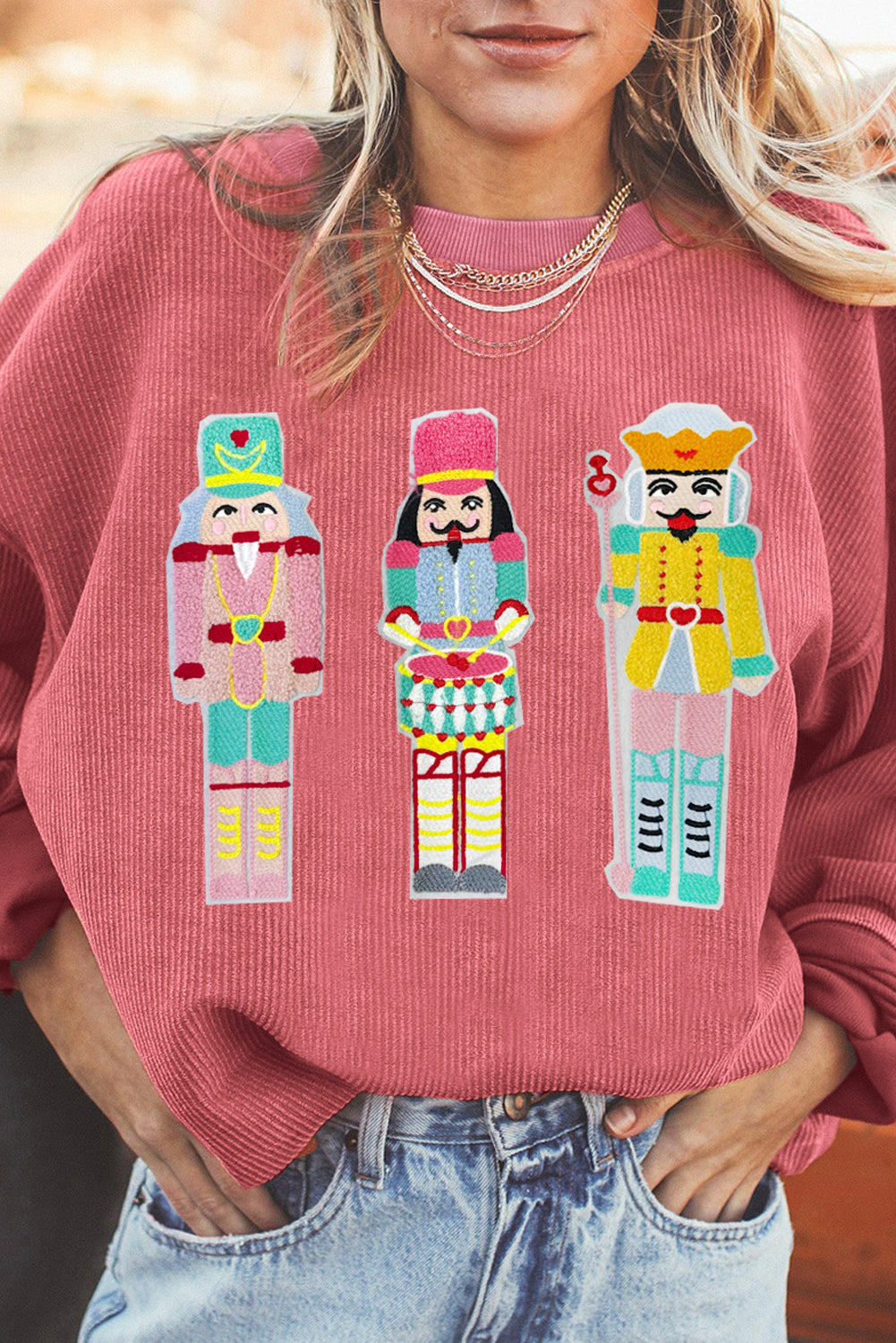 Strawberry Pink Chenille Nutcracker Doll Graphic Christmas Corded Sweatshirt Strawberry Pink 100%Polyester Graphic Sweatshirts JT's Designer Fashion