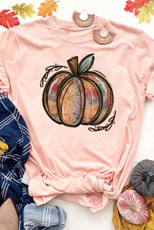 Pink Pumpkin Graphic Print Crew Neck T Shirt Pink 95%Polyester+5%Elastane Graphic Tees JT's Designer Fashion