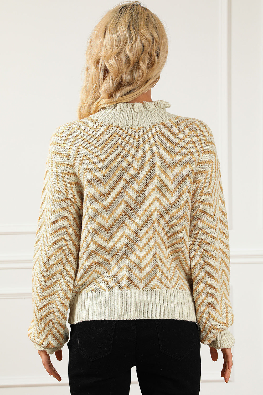 Khaki Chevron Striped High Neck Drop Shoulder Sweater Sweaters & Cardigans JT's Designer Fashion