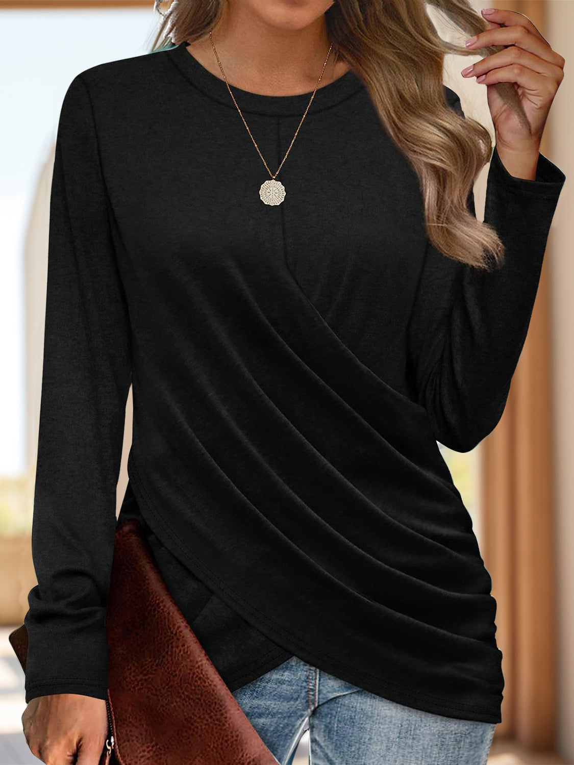 Ruched Round Neck Long Sleeve T-Shirt Black Long Sleeve Tops JT's Designer Fashion