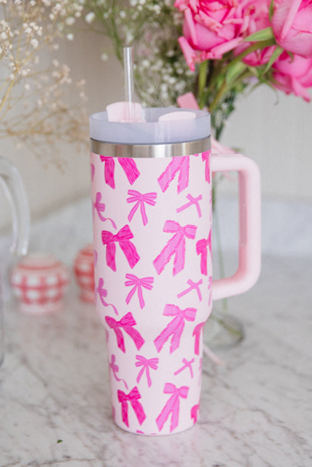 Pink Cute Bowknot Printed Tumbler with Handle 40oz Tumblers JT's Designer Fashion