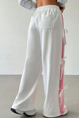 White Elastic Waist Colorblock Patchwork Side Bowtie Wide Leg Pants Bottoms JT's Designer Fashion