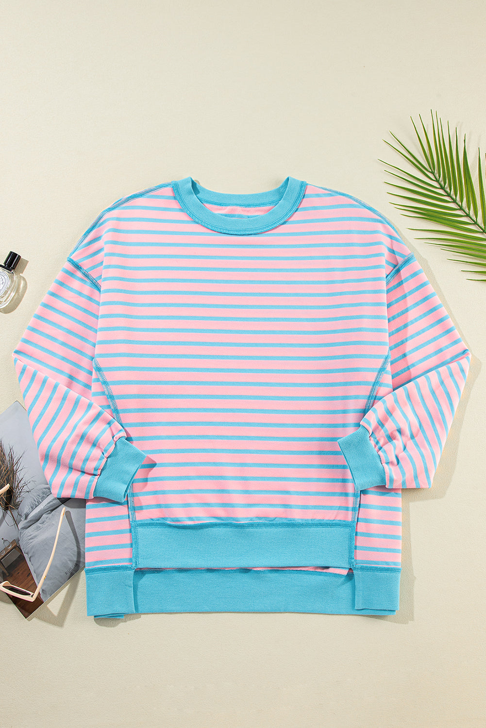 Pink Stripe Contrast Trim High Low Pullover Tunic Sweatshirt Sweatshirts & Hoodies JT's Designer Fashion