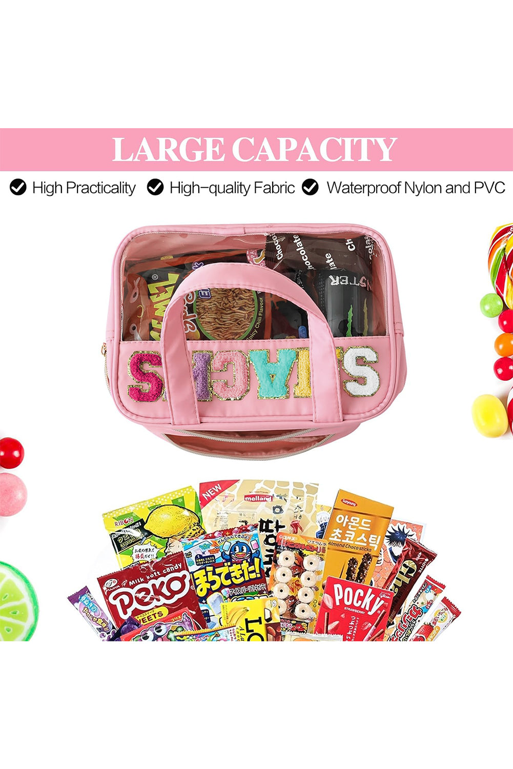 Pink SNACKS Clear PVC Double Layered Portable Bag Makeup Bags JT's Designer Fashion