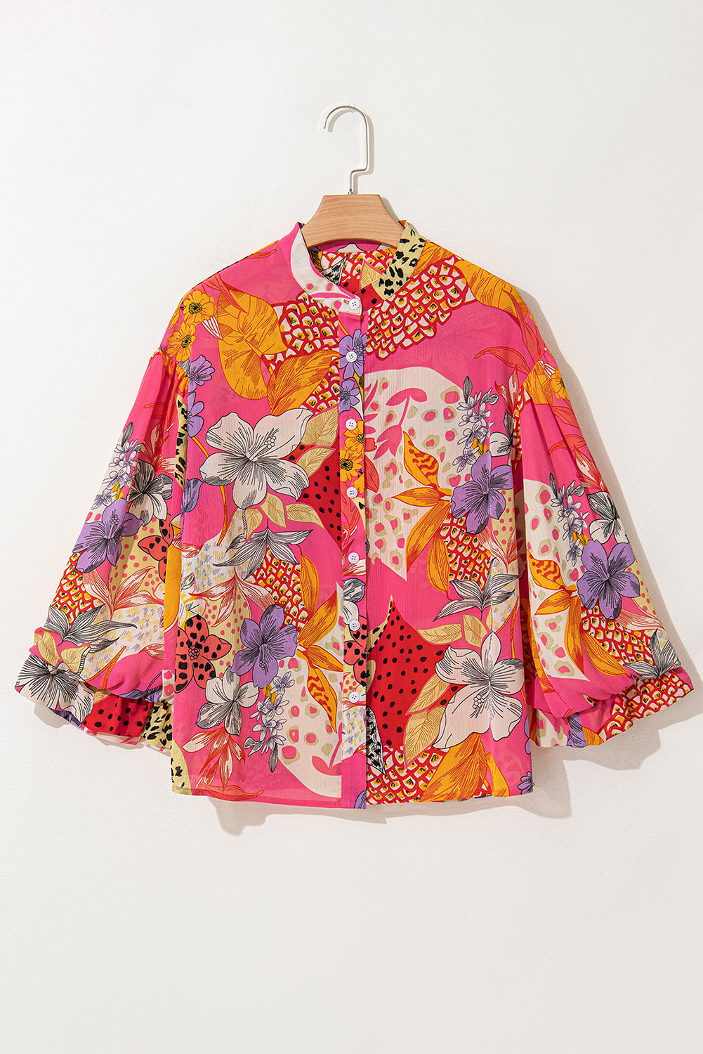 Red Abstract Floral Print Buttoned Ruffled Bubble Sleeve Shirt Blouses & Shirts JT's Designer Fashion