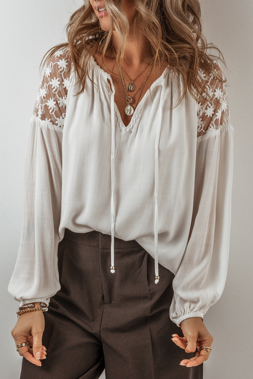 White Floral Lace Patchwork Puff Sleeve Tied V Neck Blouse Blouses & Shirts JT's Designer Fashion