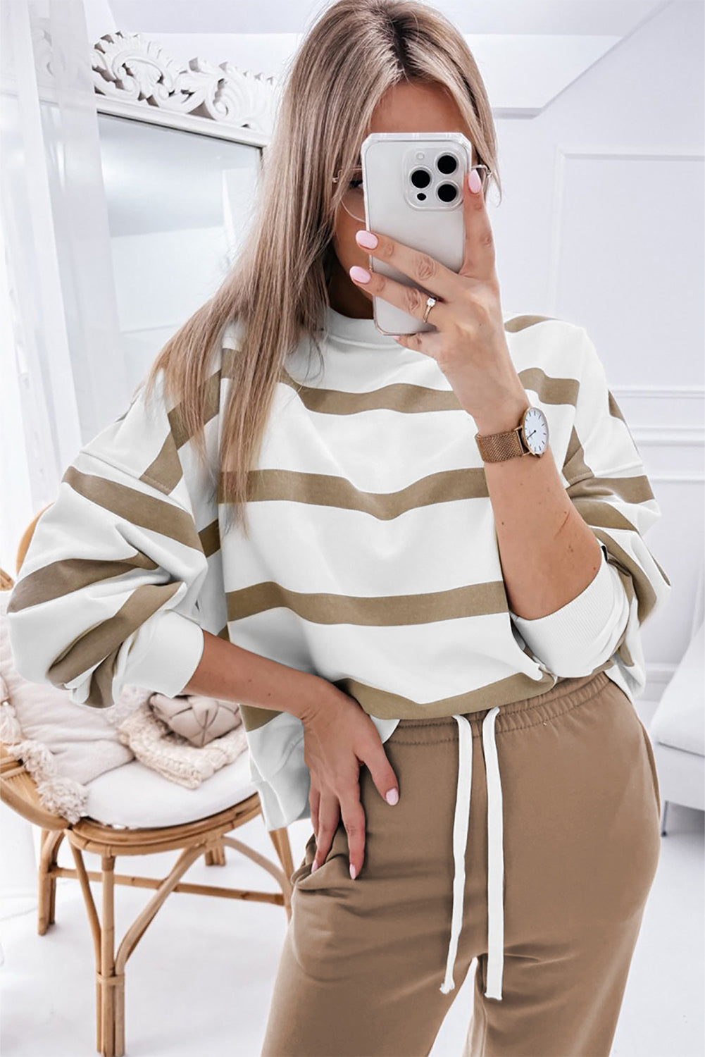 Light French Beige Striped Drop Shoulder Pullover and Jogger Pants Set Pant Sets JT's Designer Fashion