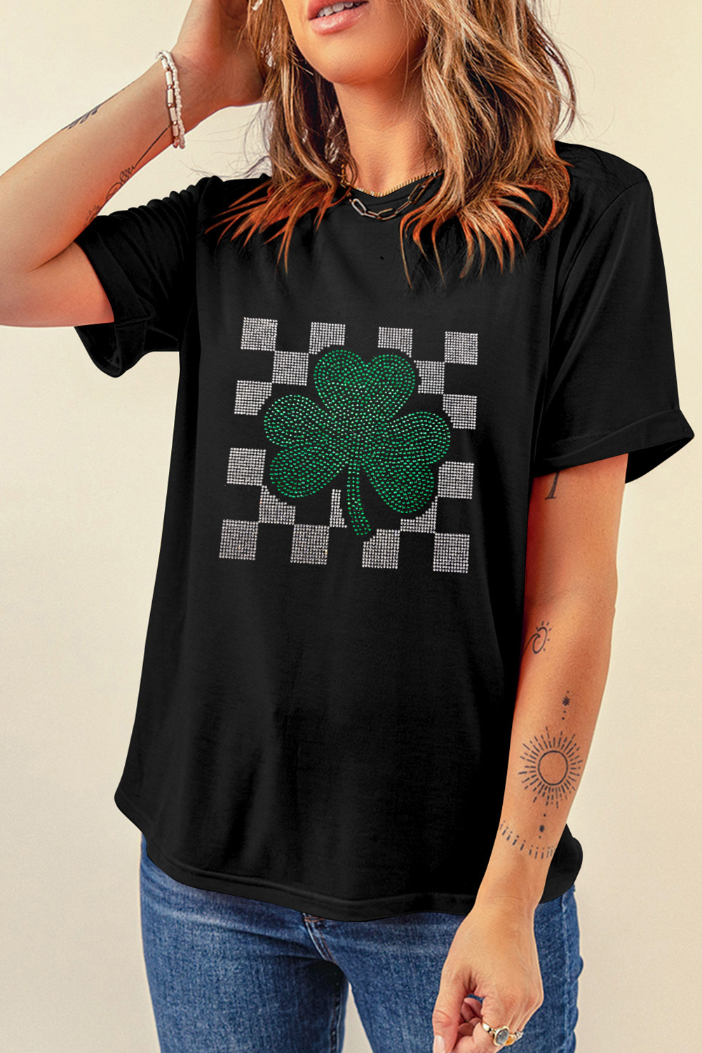 Black Clover Checkered Rhinestone Crew Neck T Shirt Graphic Tees JT's Designer Fashion