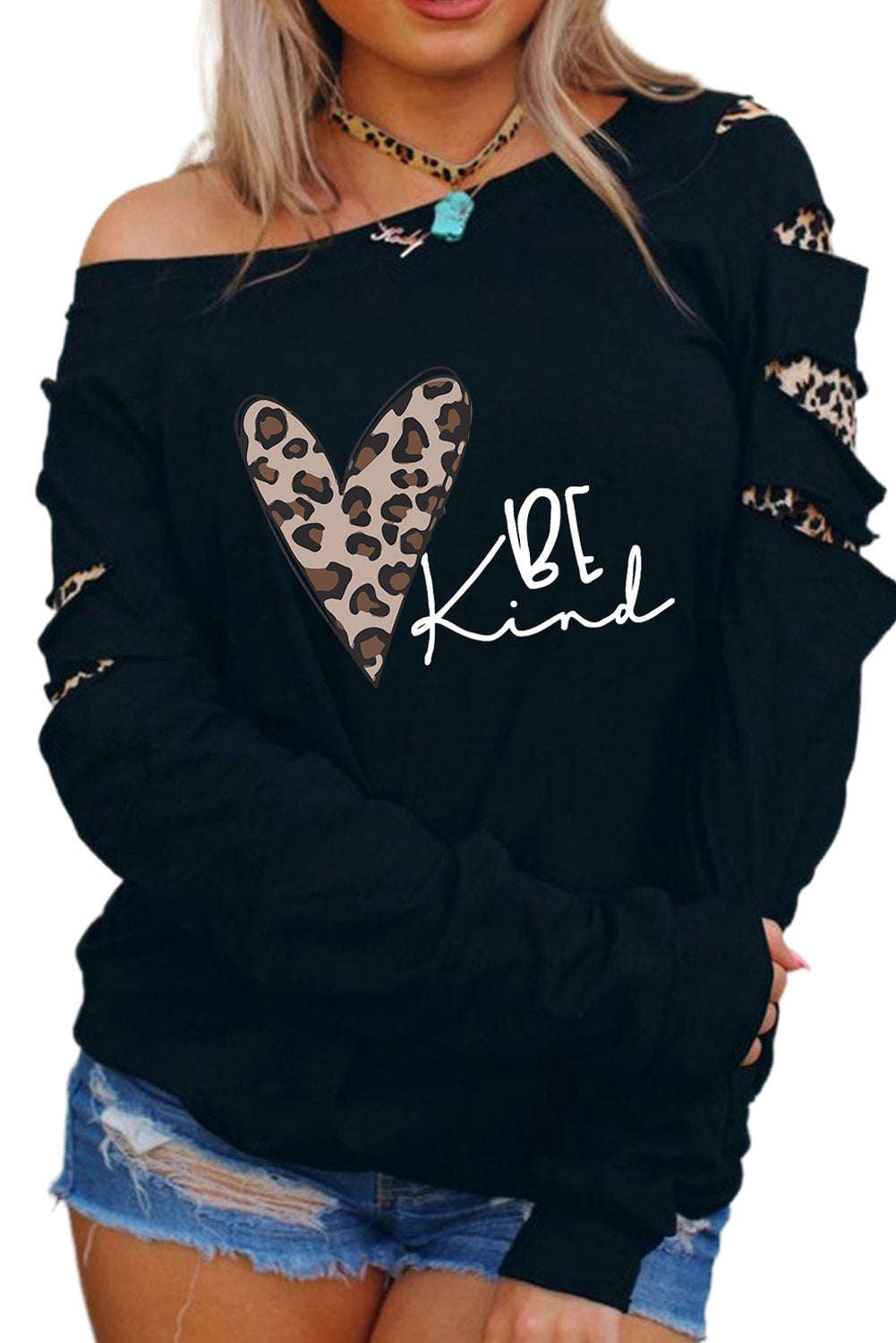 Be Kind Leopard Heart Print Cut Out Long Sleeve Sweatshirt Graphic Sweatshirts JT's Designer Fashion