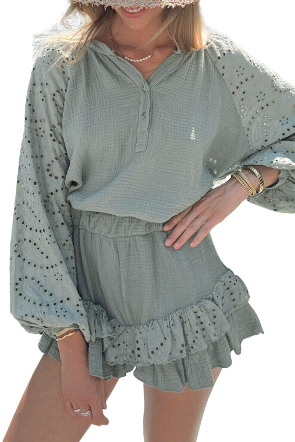 Mist Green Crinkled Eyelet Raglan Sleeve Top Ruffled Shorts Set Short Sets JT's Designer Fashion