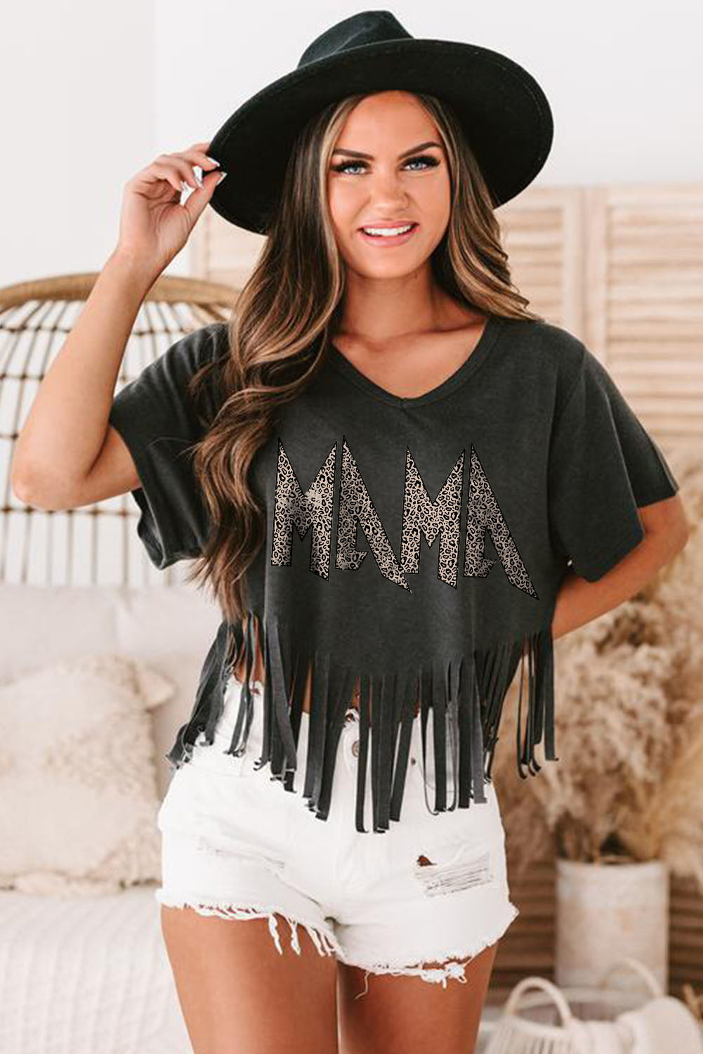 Black Leopard MAMA Fringed Hem Top Graphic Tees JT's Designer Fashion