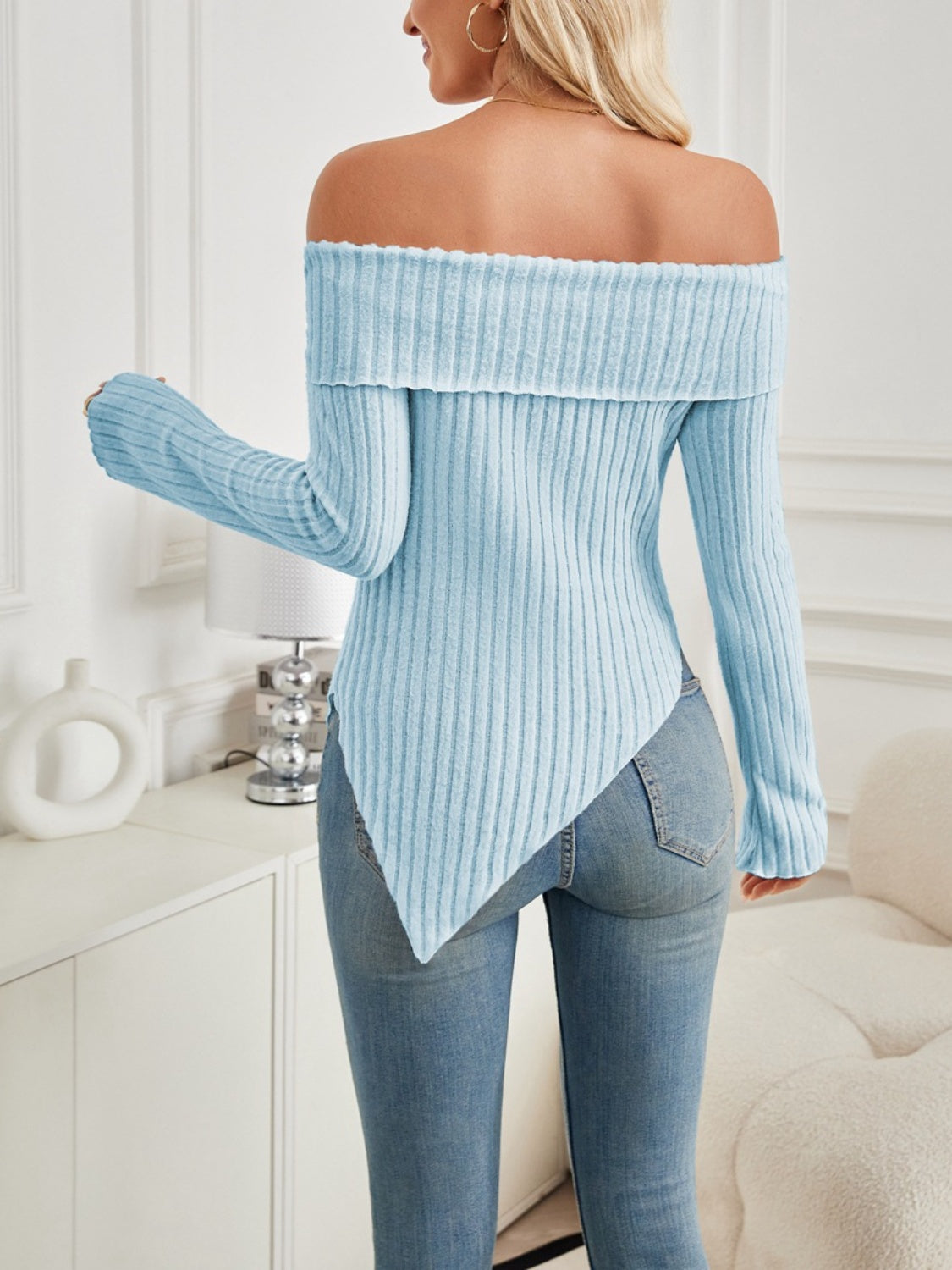 Asymmetrical Hem Off-Shoulder Long Sleeve T-Shirt Long Sleeve Tops JT's Designer Fashion