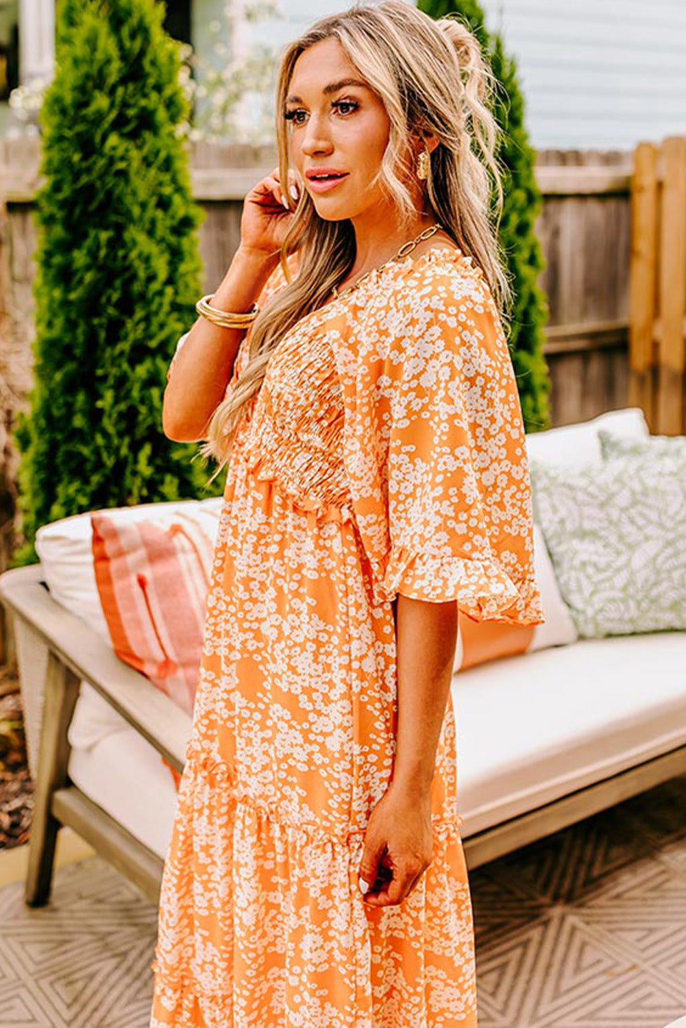 Orange Floral Print Smocked V Neck Wide Sleeve Maxi Dress Floral Dresses JT's Designer Fashion