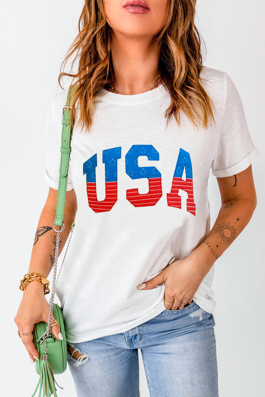 White USA Star and Striped Embroidered Crewneck Graphic Tee Graphic Tees JT's Designer Fashion