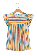 Multicolour Vibrant Stripes Printed Flutter Sleeve Babydoll Blouse Pre Order Tops JT's Designer Fashion