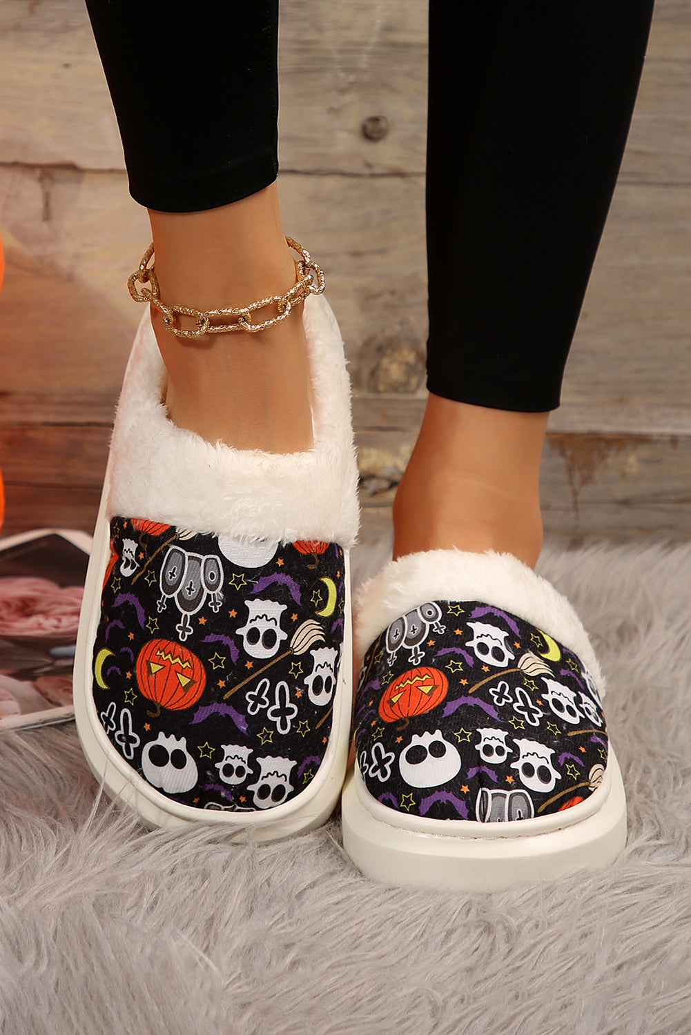 Black Halloween Pumpkin Ghost Print Plush Home Slippers Slippers JT's Designer Fashion