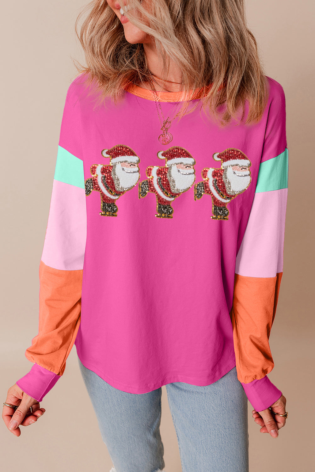 Rose Red Glitter Santa Claus Graphic Colorblock Patchwork Sleeve Christmas Top Graphic Tees JT's Designer Fashion