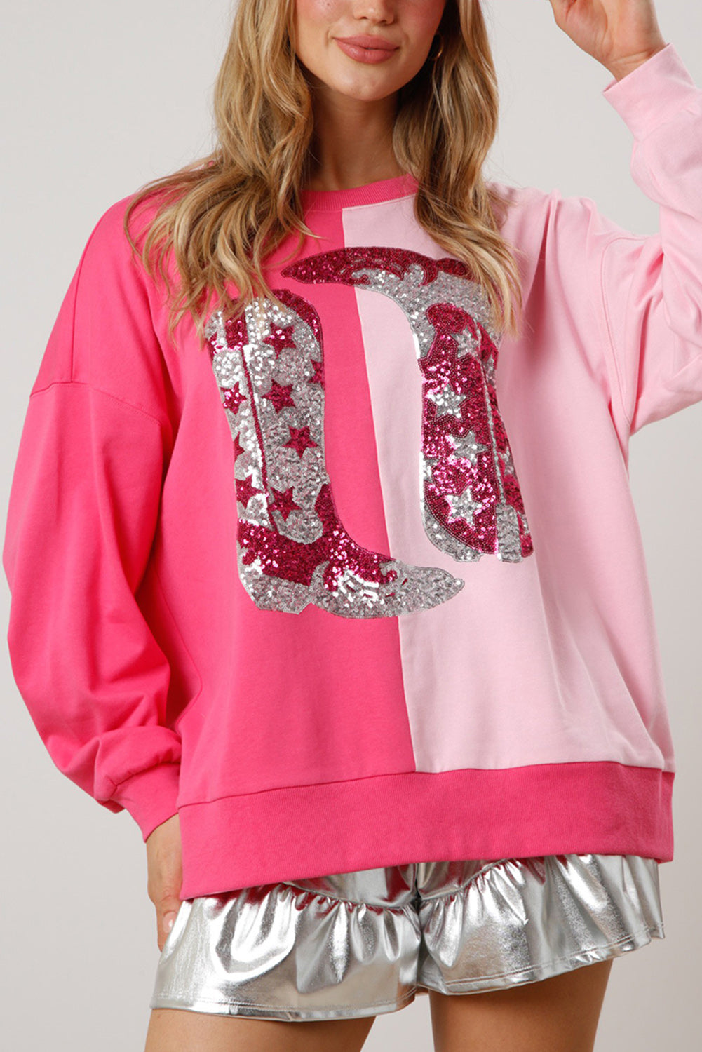 Pink Color Block Sequined Cowgirl Boots Graphic Sweatshirt Sweatshirts & Hoodies JT's Designer Fashion