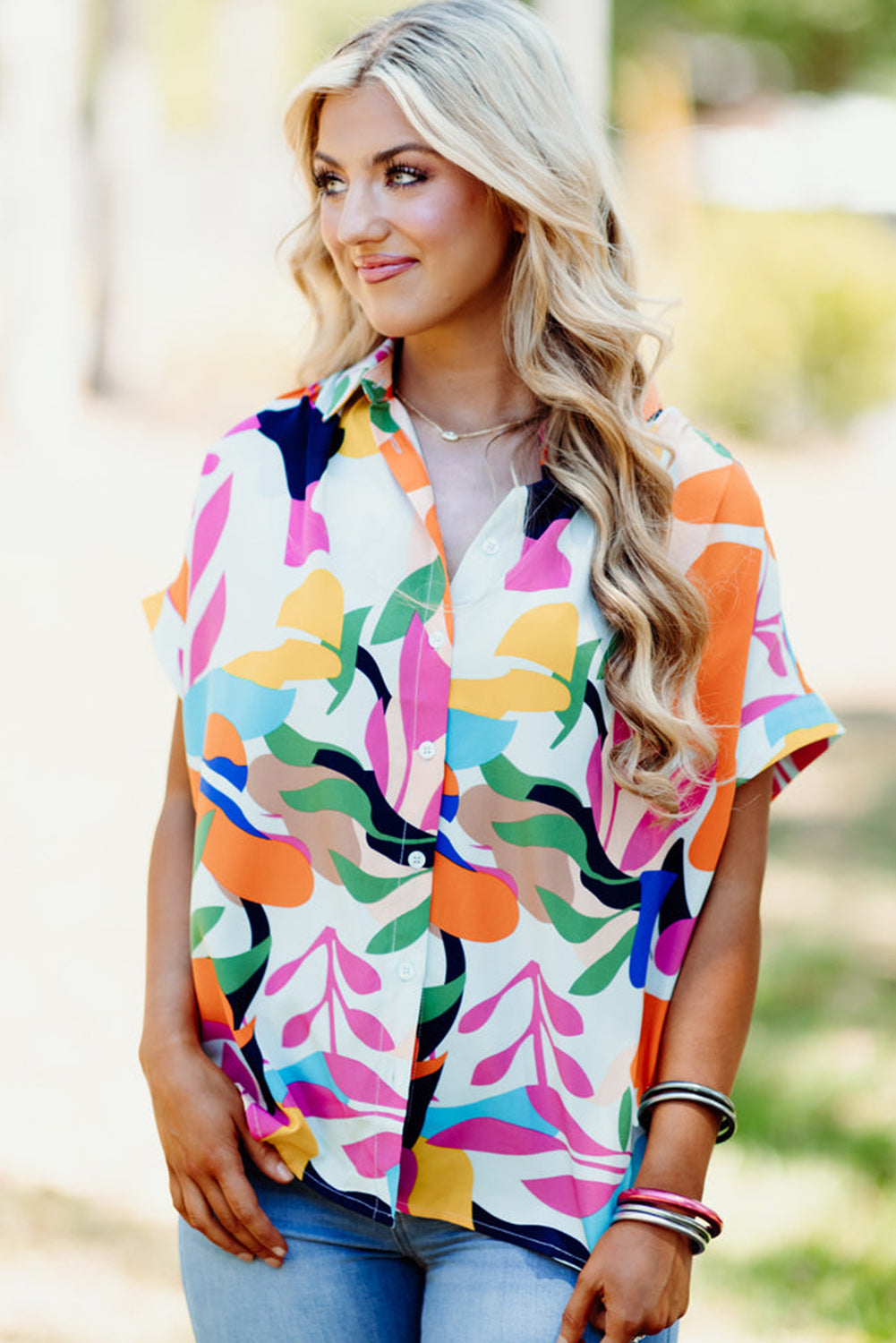 Multicolour Abstract Leafy Print Short Sleeve Shirt Tops & Tees JT's Designer Fashion