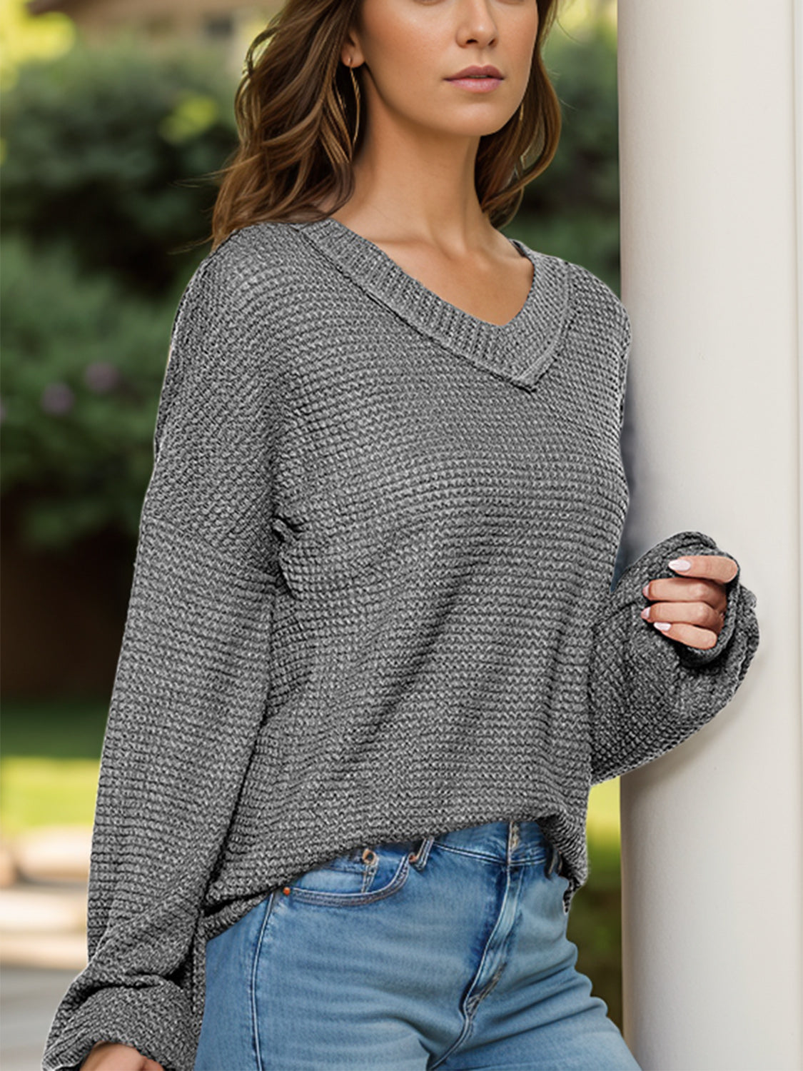 Dropped Shoulder Long Sleeve Knit Top Long Sleeve Tops JT's Designer Fashion