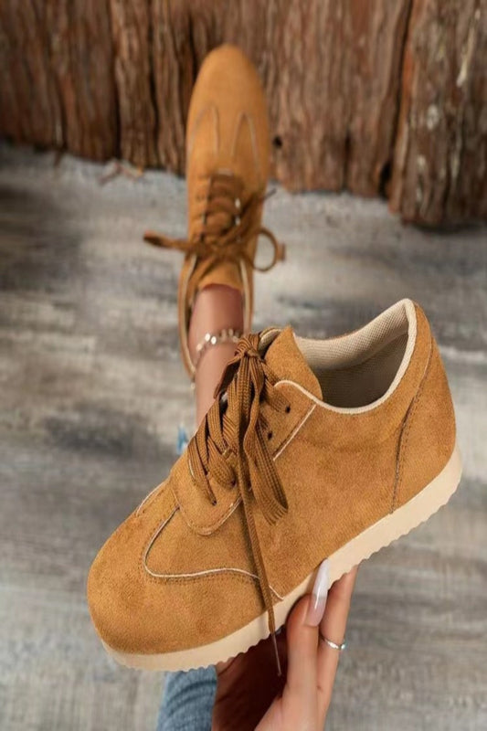 Suede Lace-Up Flat Sneakers Caramel Shoes JT's Designer Fashion