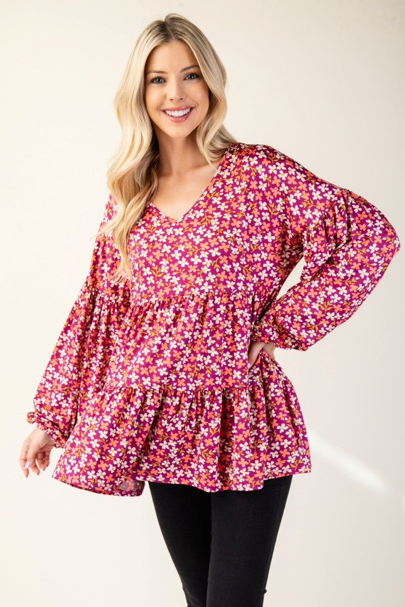 Full Size Floral V-Neck Balloon Sleeve Blouse Long Sleeve Tops JT's Designer Fashion