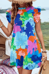 Blue Bold Floral Flutter Sleeve Shift Mini Dress with Pockets Floral Dresses JT's Designer Fashion