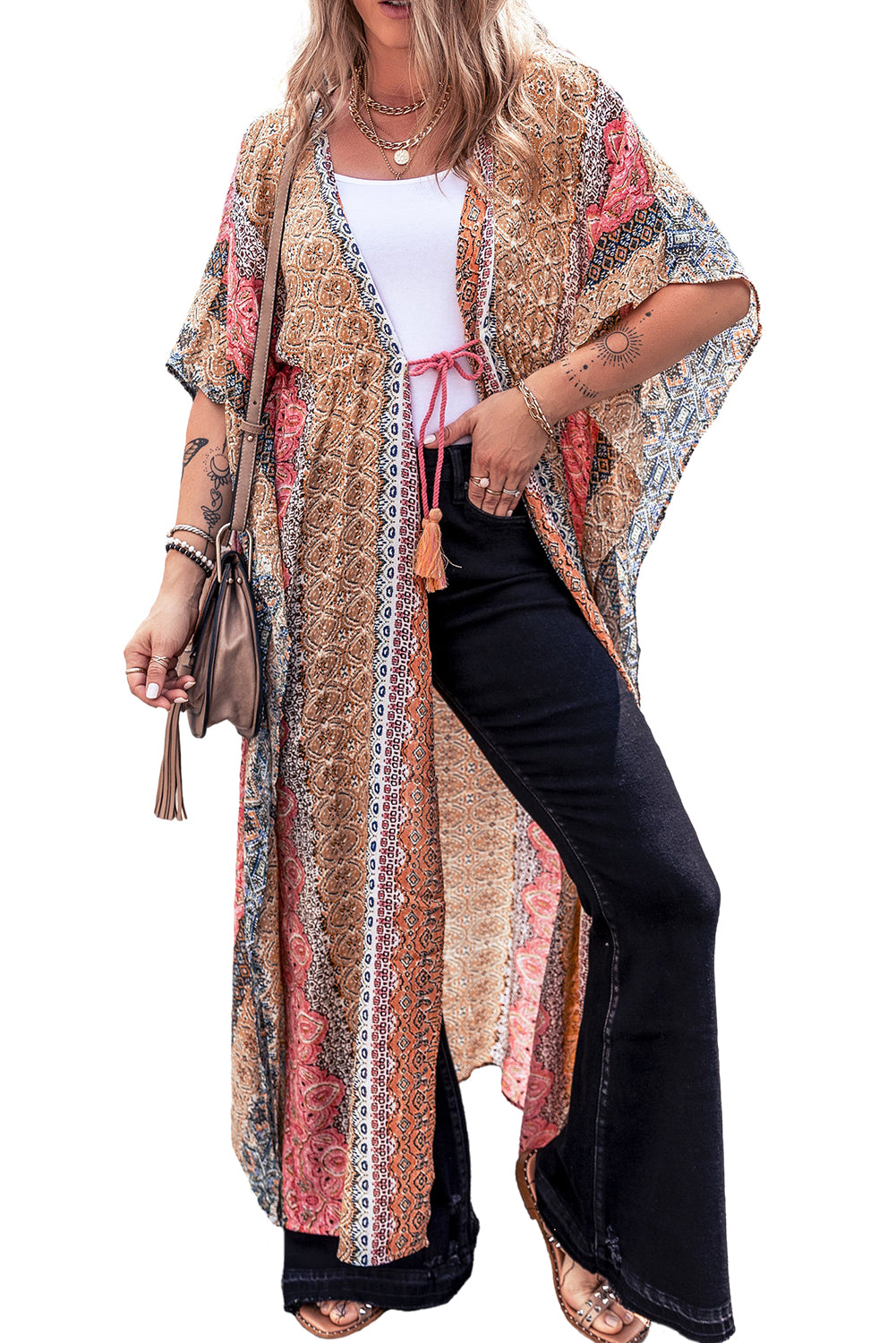 Pink Retro Printed Boho Duster Kimono Outerwear JT's Designer Fashion