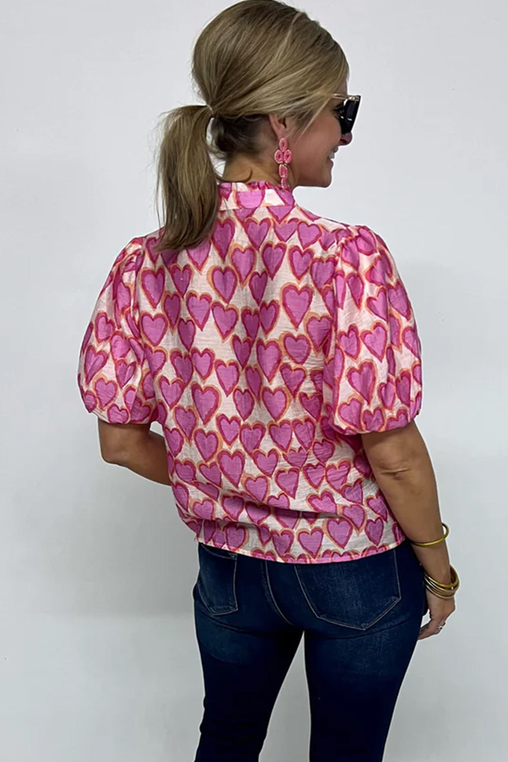 Pink Allover Heart Printed Split Neck Puff Sleeve Blouse Pre Order Tops JT's Designer Fashion