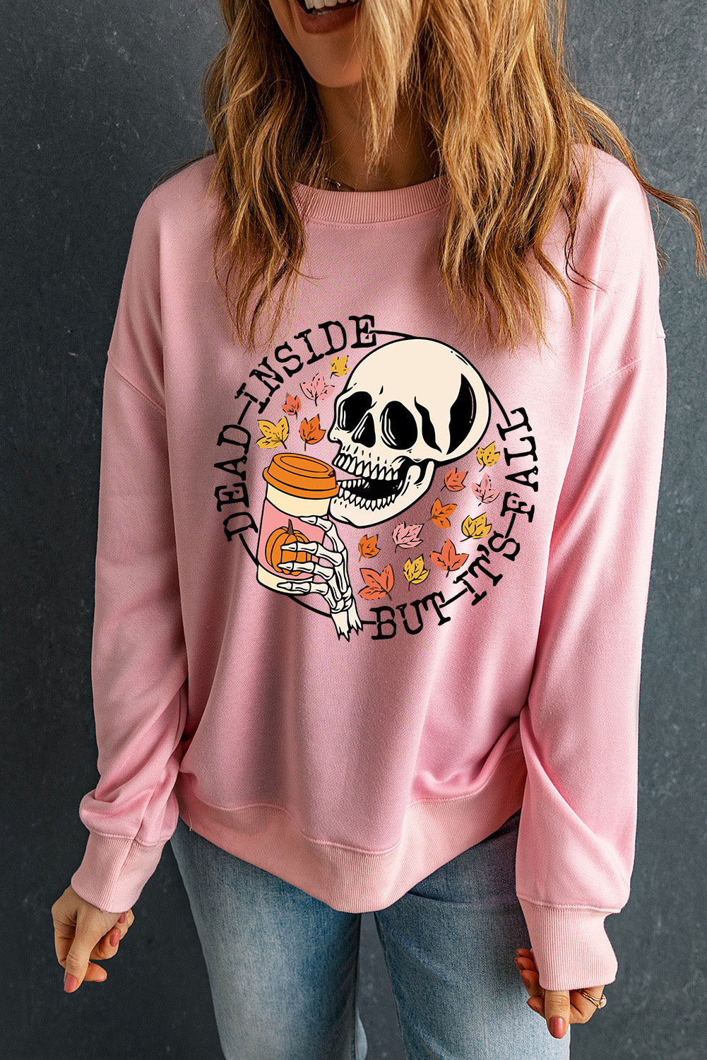 Pink Skull Slogan Print Crew Neck Sweatshirt Graphic Sweatshirts JT's Designer Fashion