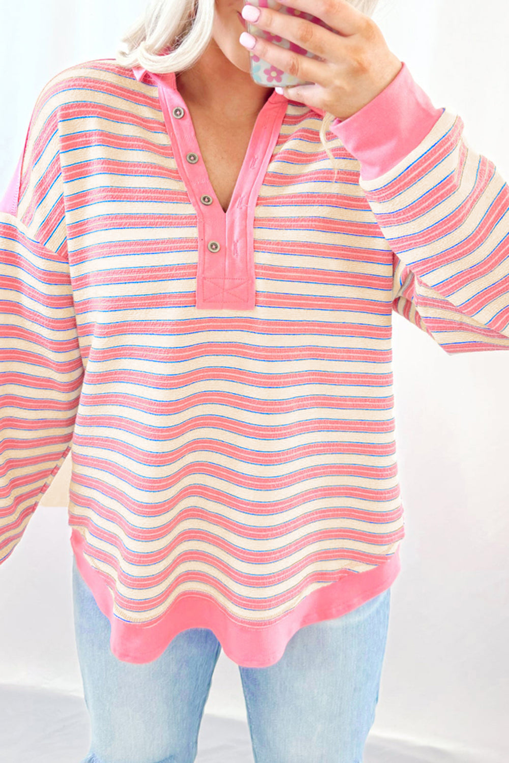 Pink Stripe Buttoned V Neck Collared Drop Shoulder Top Long Sleeve Tops JT's Designer Fashion