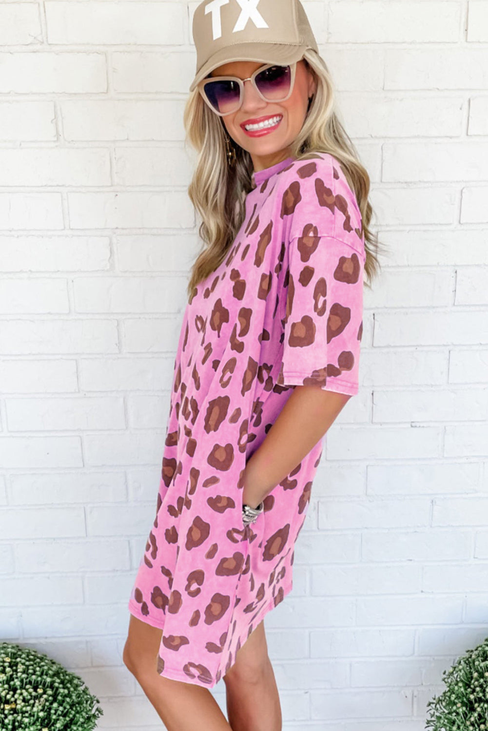 Pink Leopard Mineral Wash Side Pocket Shift Mini Dress T Shirt Dresses JT's Designer Fashion