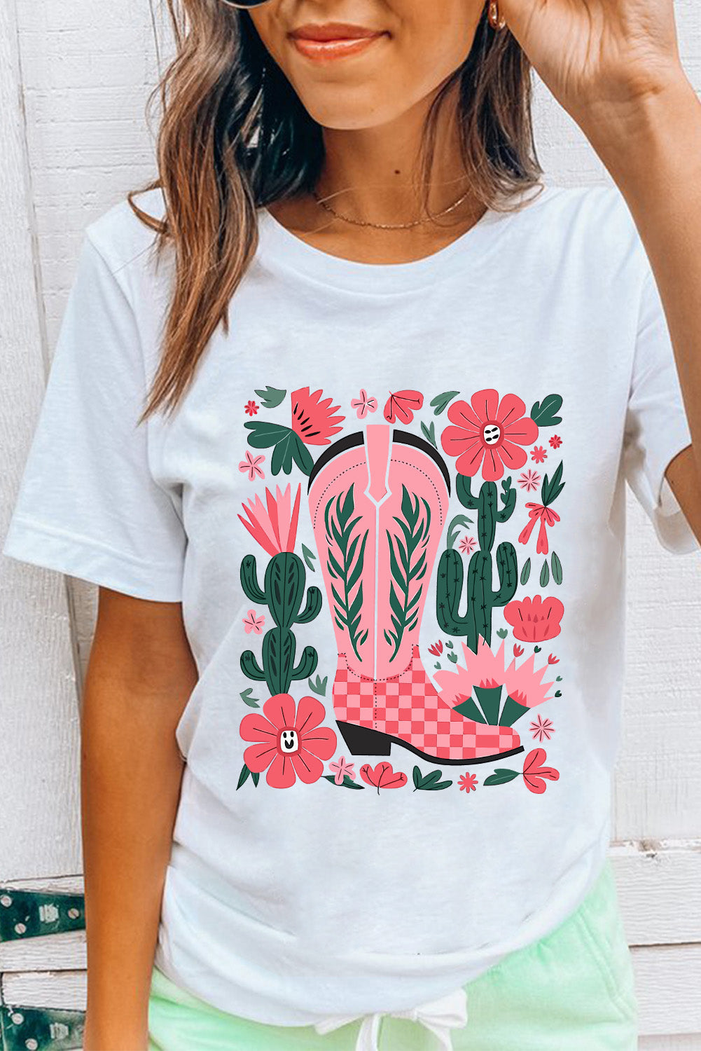 White Western Boots Flower Print Round Neck T Shirt Graphic Tees JT's Designer Fashion