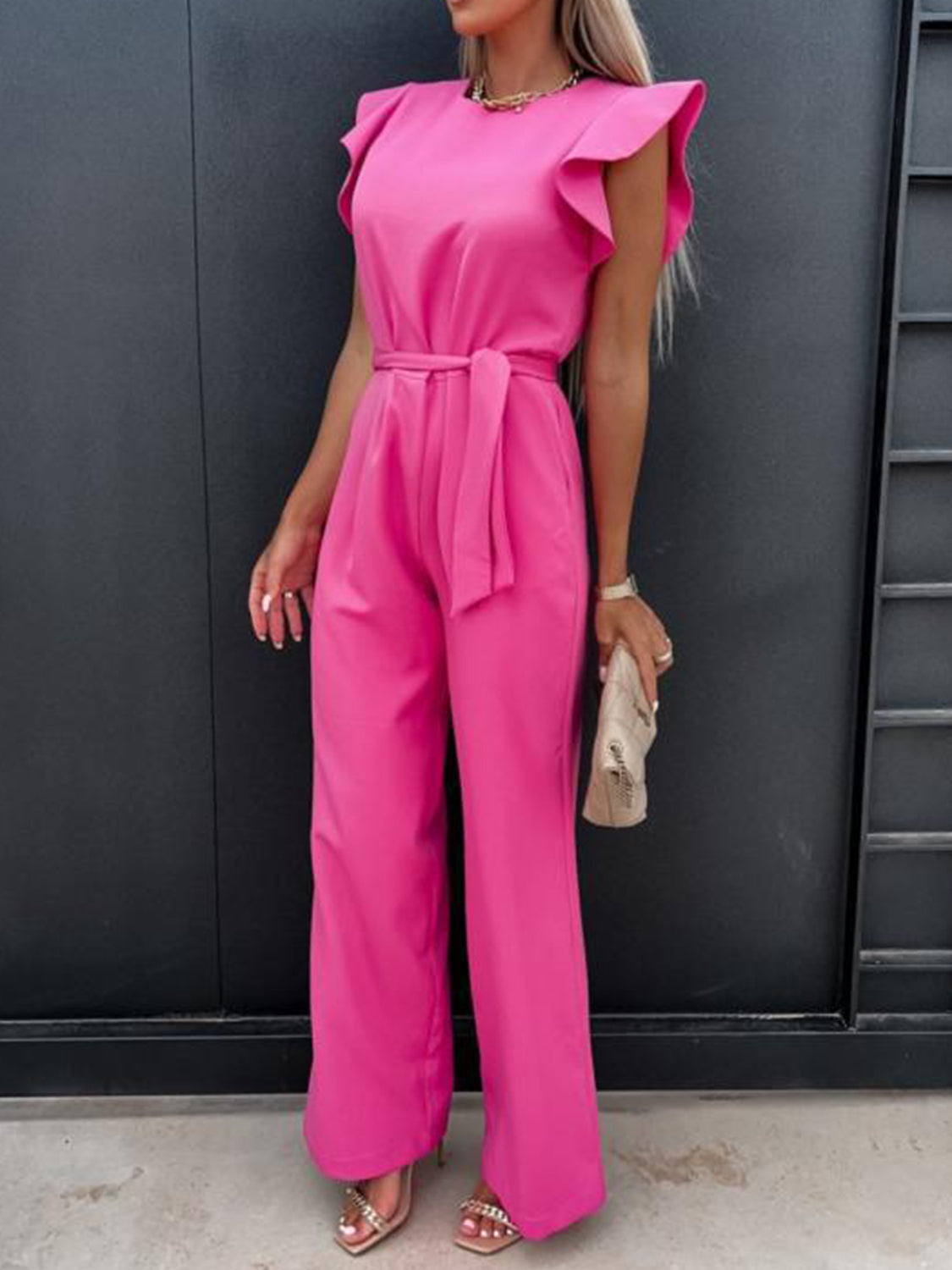 Ruffled Round Neck Cap Sleeve Jumpsuit Jumpsuits & Rompers JT's Designer Fashion