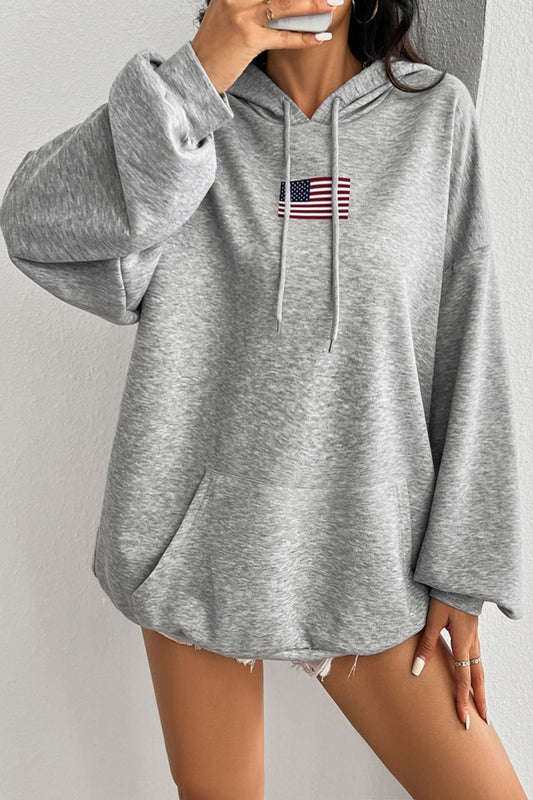 Drawstring US Flag Long Sleeve Hoodie Light Gray Long Sleeve Tops JT's Designer Fashion