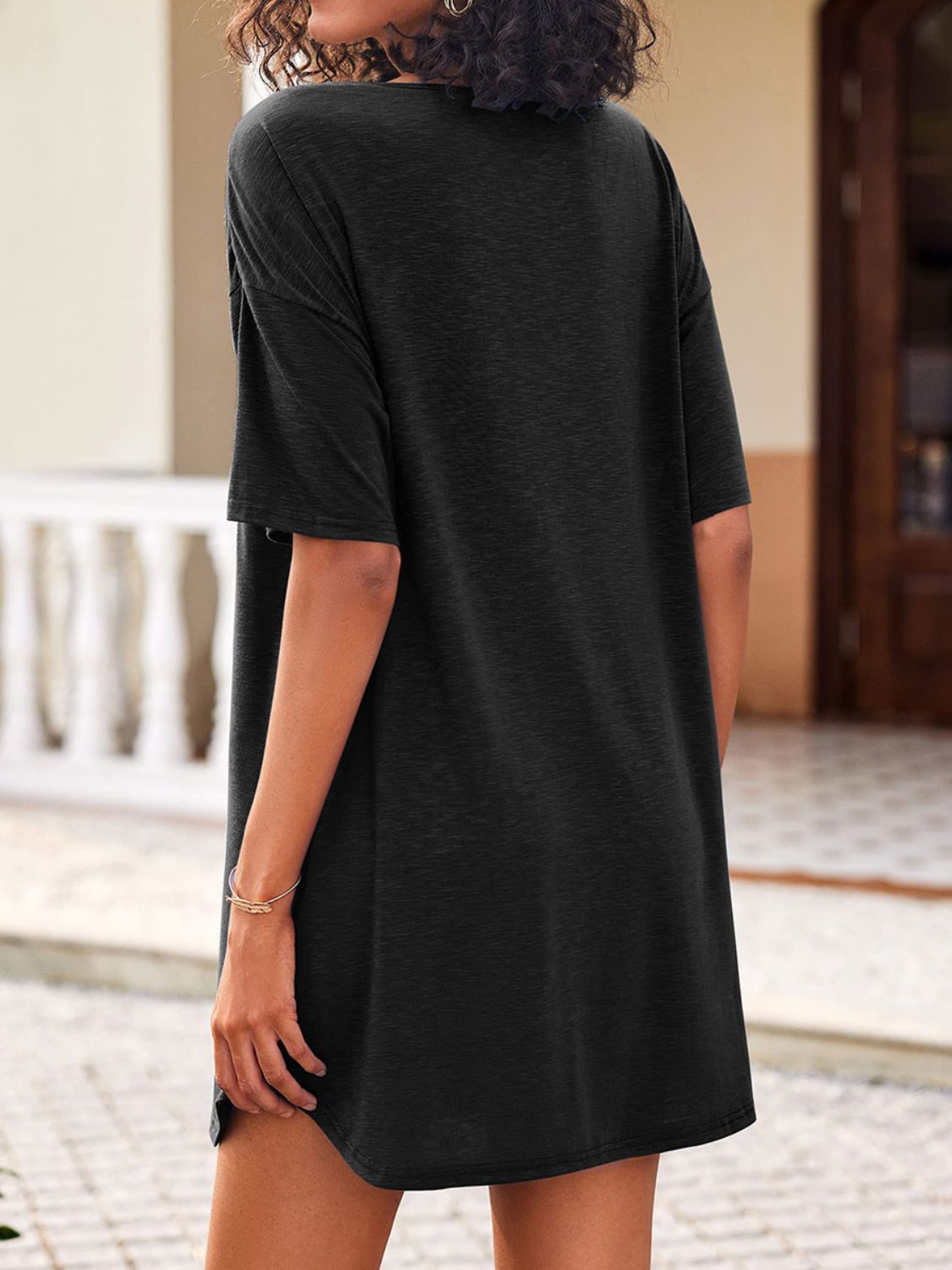 Pocketed V-Neck Short Sleeve Tee Dress Black T Shirt Dresses JT's Designer Fashion