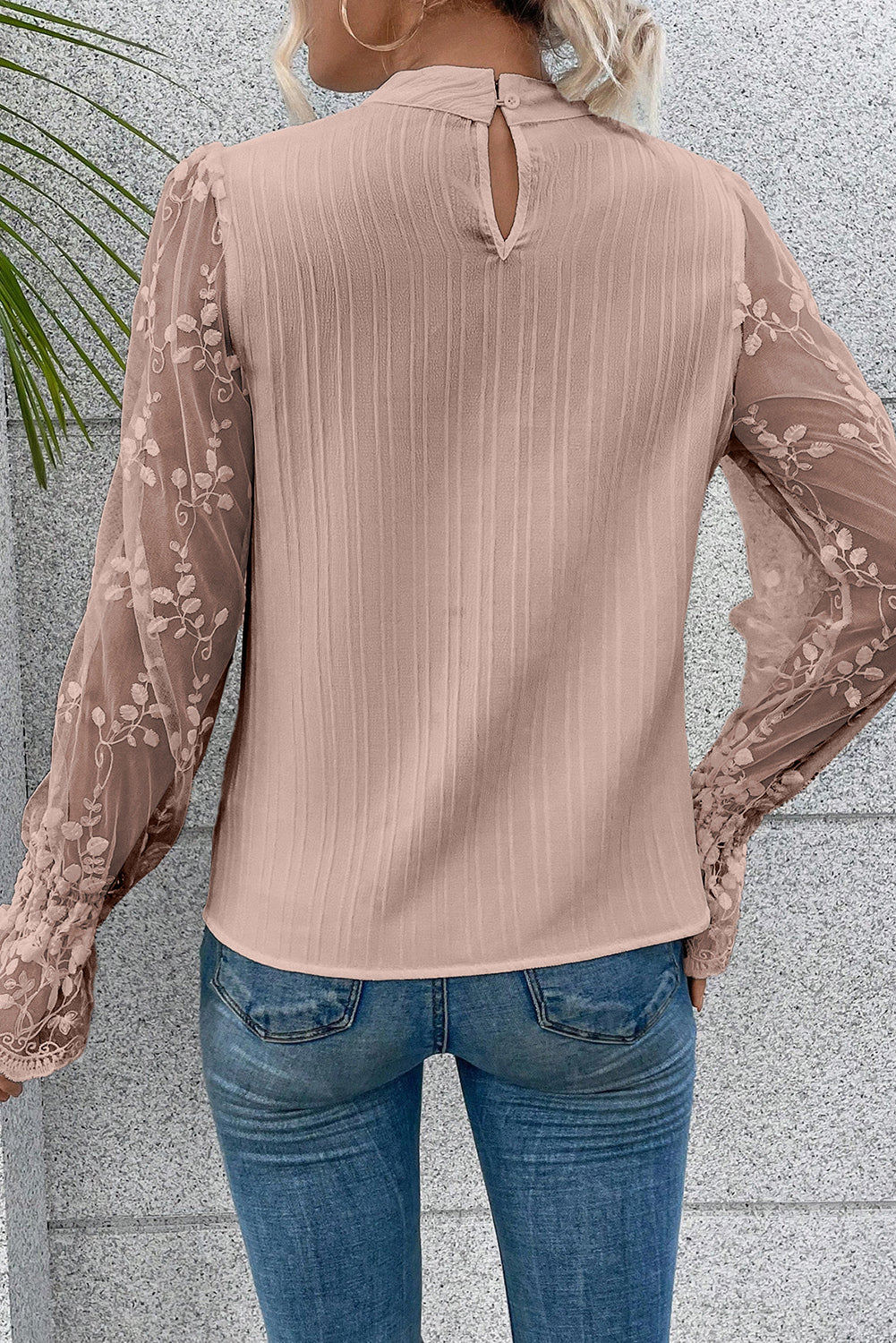 Apricot Pink Contrast Lace Sleeve Mock Neck Textured Blouse Pre Order Tops JT's Designer Fashion