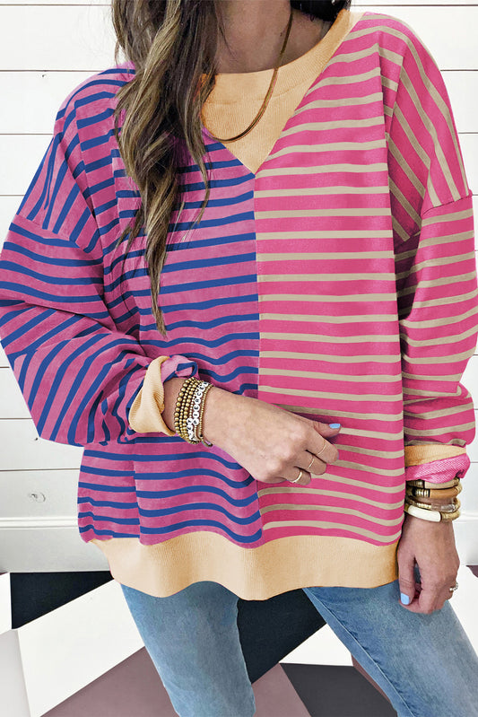 Pink Stripe Casual Stripe Colorblock Drop Shoulder Oversize Sweatshirt Sweatshirts & Hoodies JT's Designer Fashion