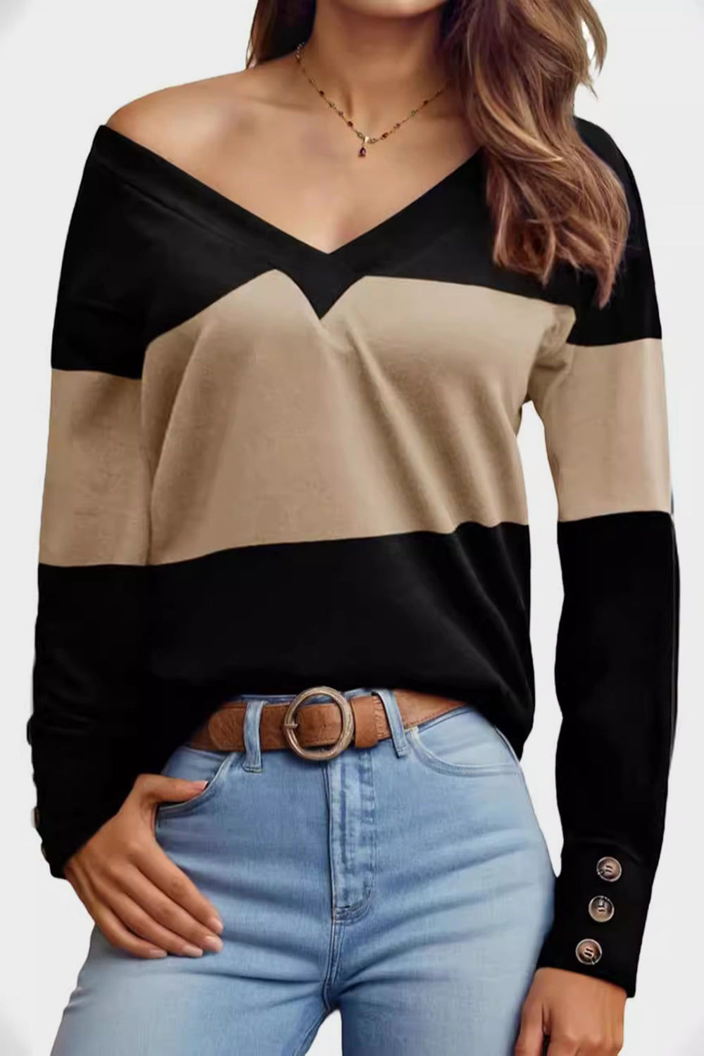 Decorative Button Contrast V-Neck Long Sleeve T-Shirt Long Sleeve Tops JT's Designer Fashion