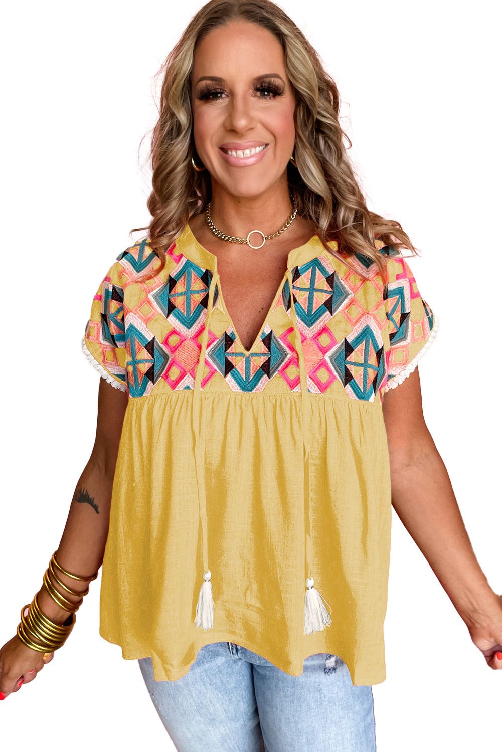 Yellow Cream Geometric Embroidered Tassel Tie V Neck Blouse Pre Order Tops JT's Designer Fashion