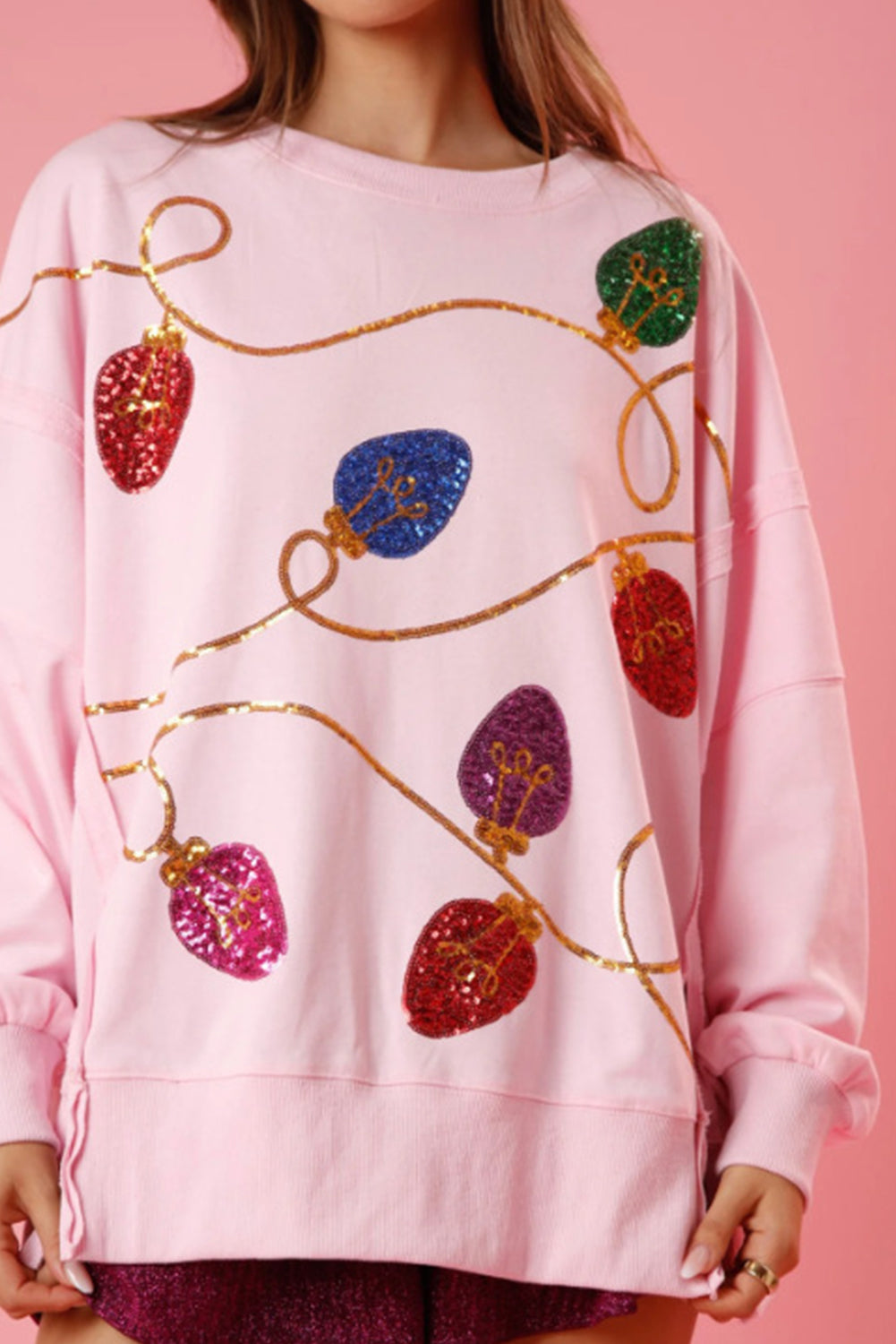 Pink Bright Christmas Lights Sequined Oversized Sweatshirt Sweatshirts & Hoodies JT's Designer Fashion